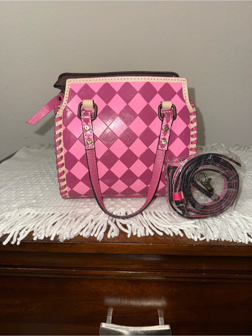 Pink Checker Mini Tote Handbag - Picture 3 of 4